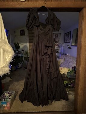 Black Ruffle Maxi Dress with Puff Sleeves